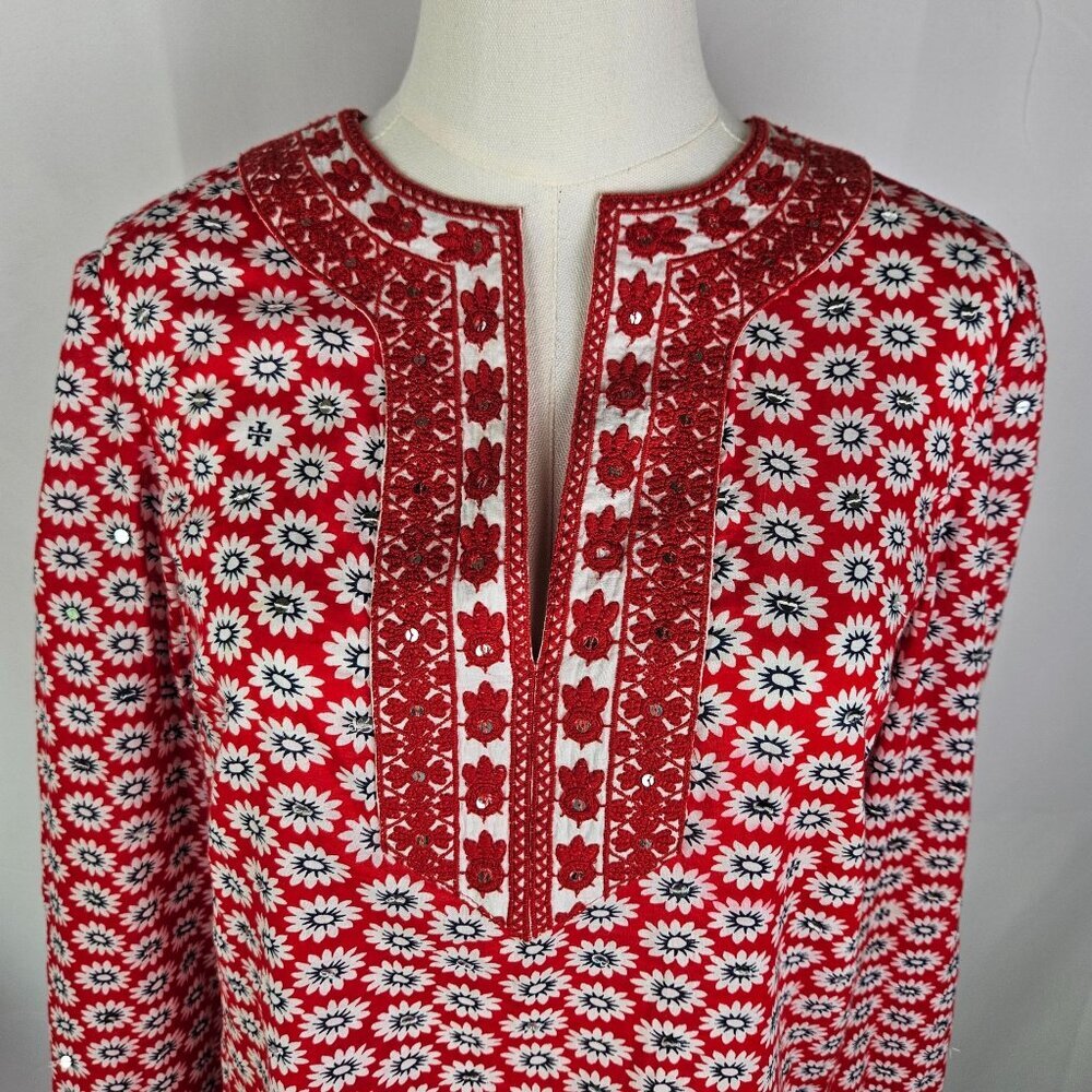 Tory Burch Red Jayne Mod Flower-Print Sequin Lace Tunic Size 8 Boho - Picture 3 of 11